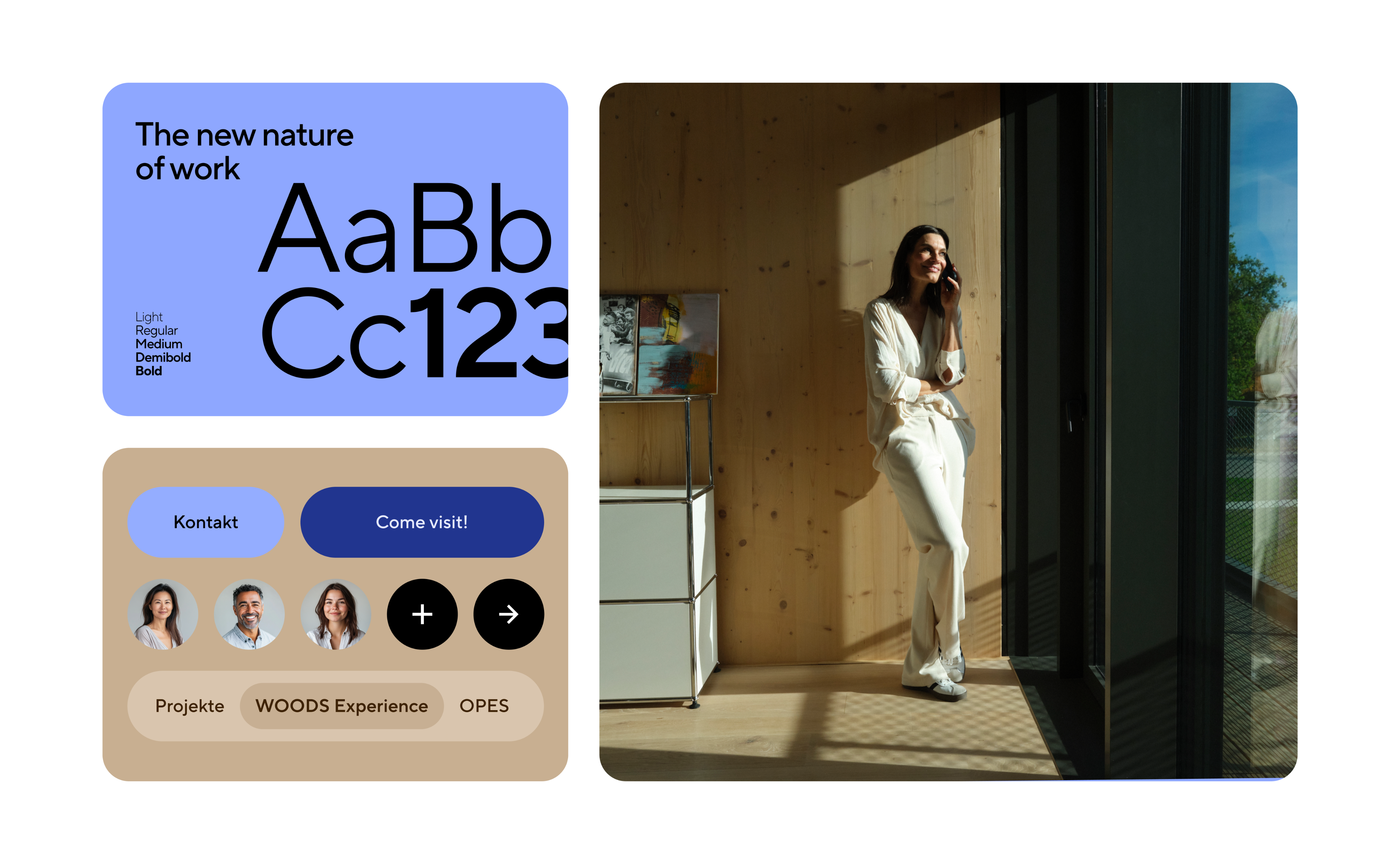 Graphic depicting UI-styled buttons with different categories of interior design items on top of an image of a modern interior living room.
